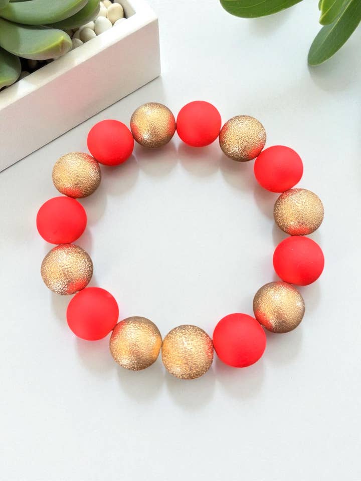 Gold Chunky Beaded Stretch Bracelet with Dimpled Beads for wholesale by Joyful Jewels by Joyful Blooms