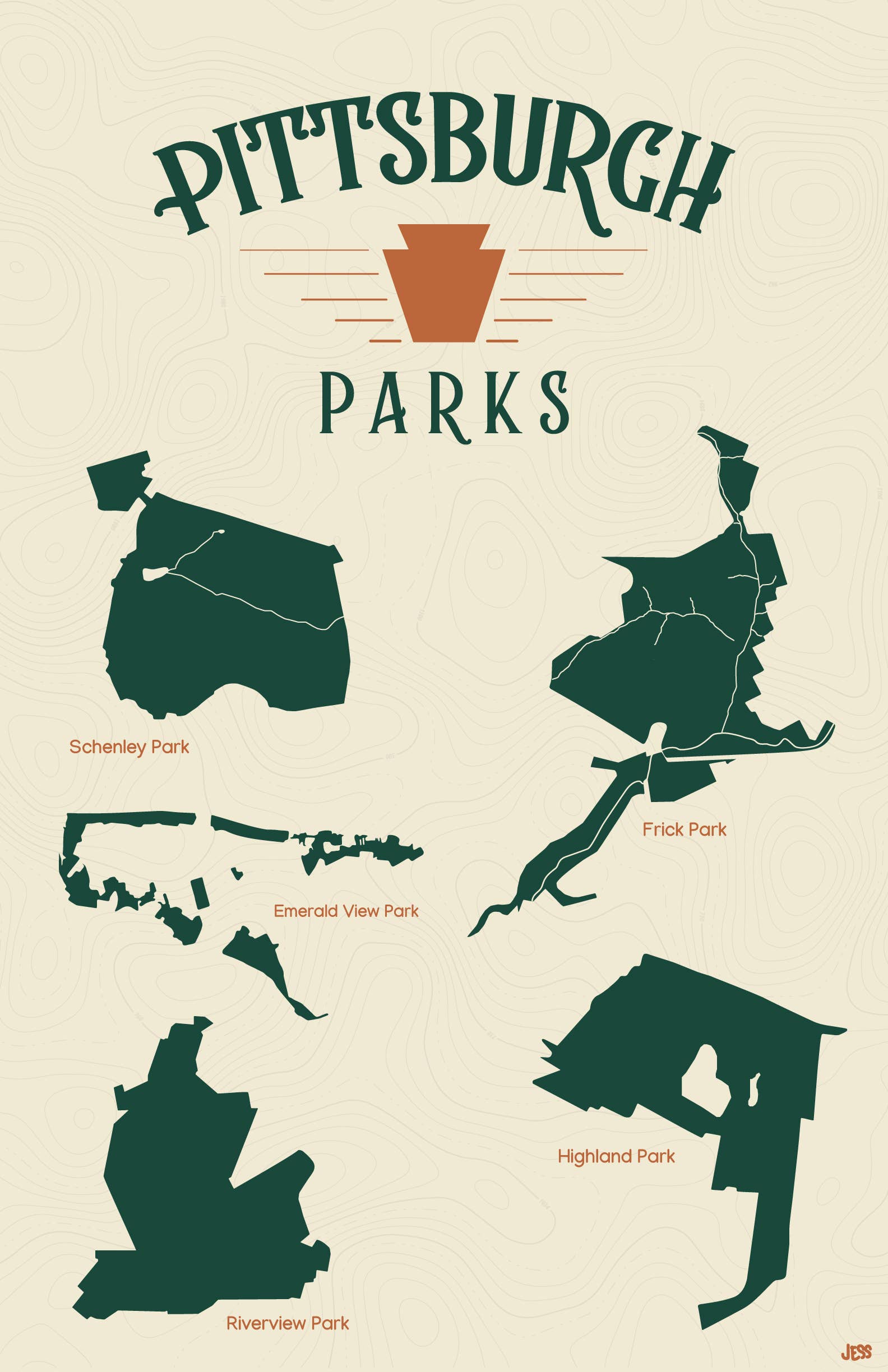 Jess Buckholtz Art - Wholesale Poster - Pittsburgh Park Map