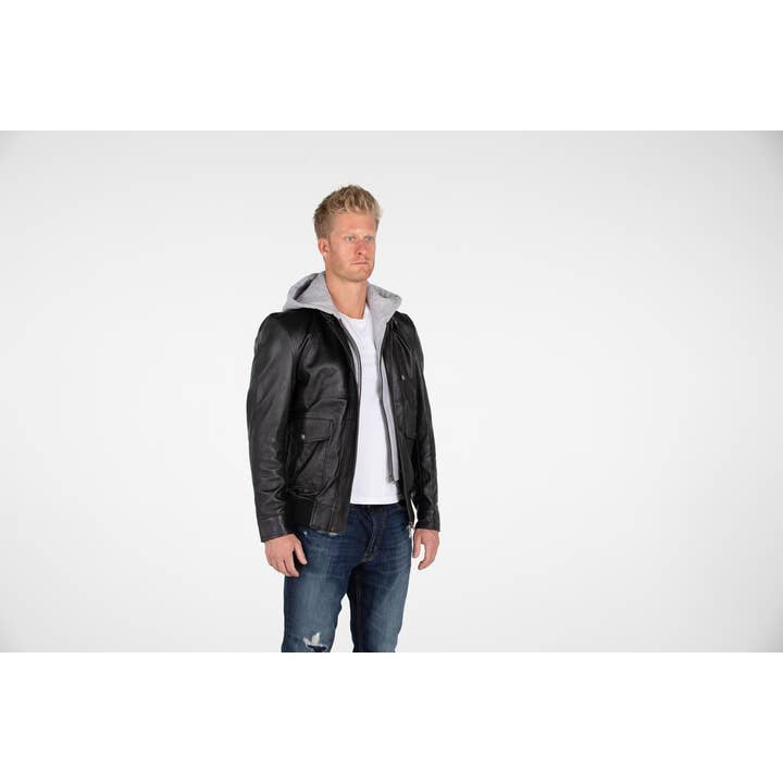 Fadcloset - Wholesale Leather Jacket - Men's - Men Lambskin Hooded Leather Bomber Jacket