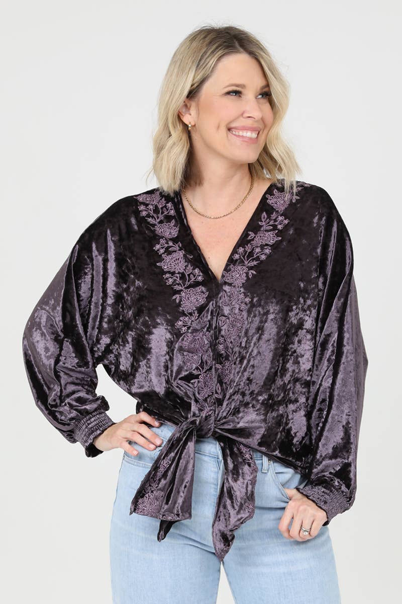 Nostalgia - Wholesale Blouse - Women's - E2V75-ASIS CRUSHED VELVET V NECK EMBROIDERED TIE WAIST TOP12