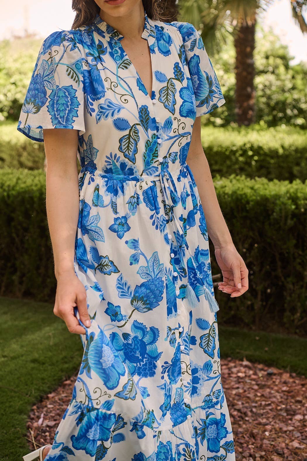 WHITE BLUE GREEN Samian Floral Kissa Button Down Maxi Dress for wholesale on Faire6