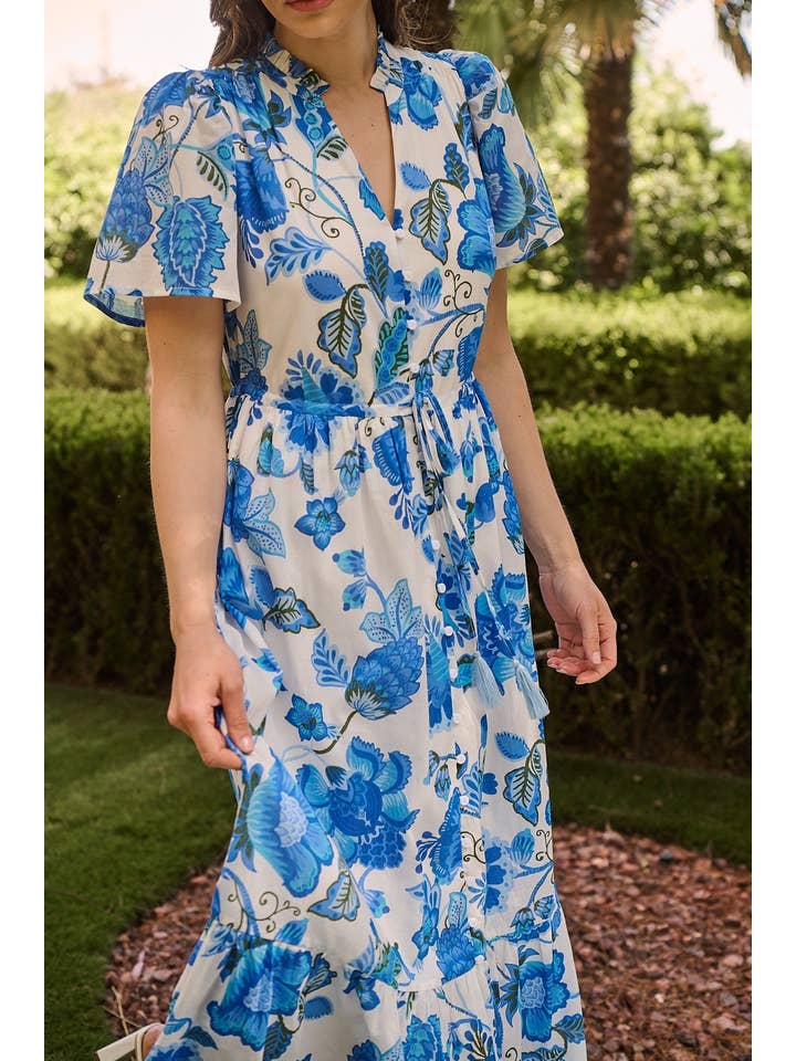 WHITE BLUE GREEN Samian Floral Kissa Button Down Maxi Dress for wholesale on Faire6