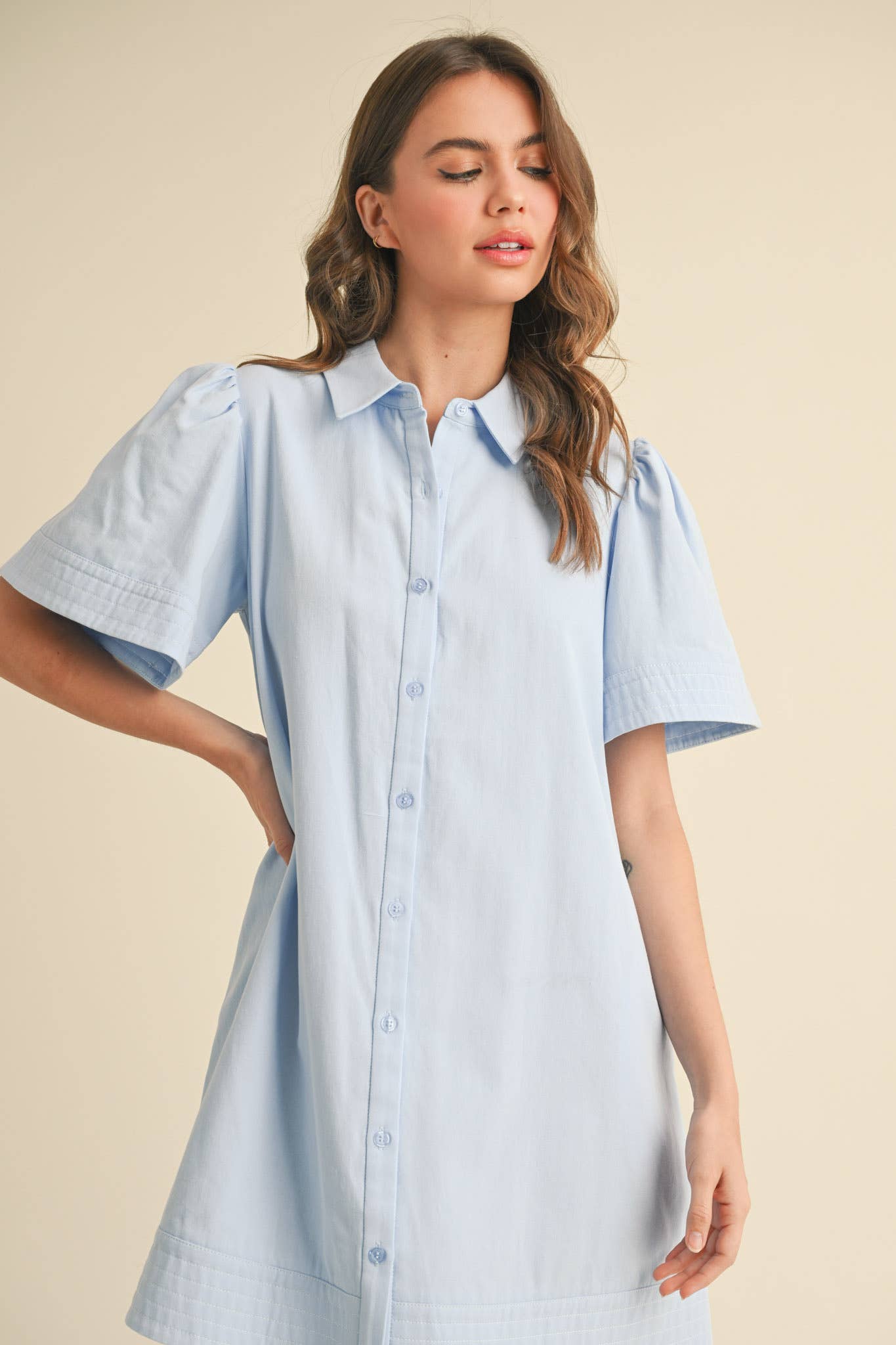 &MERCI - Wholesale Dress - Women's - SHORT SLEEVE BUTTON DOWN MINI DRESS MDR357217