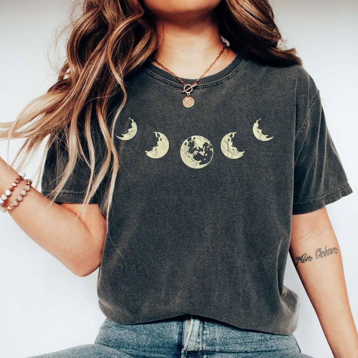 Moon Phases Neckline Celestial T-Shirt for wholesale by Refinery Number One LLC