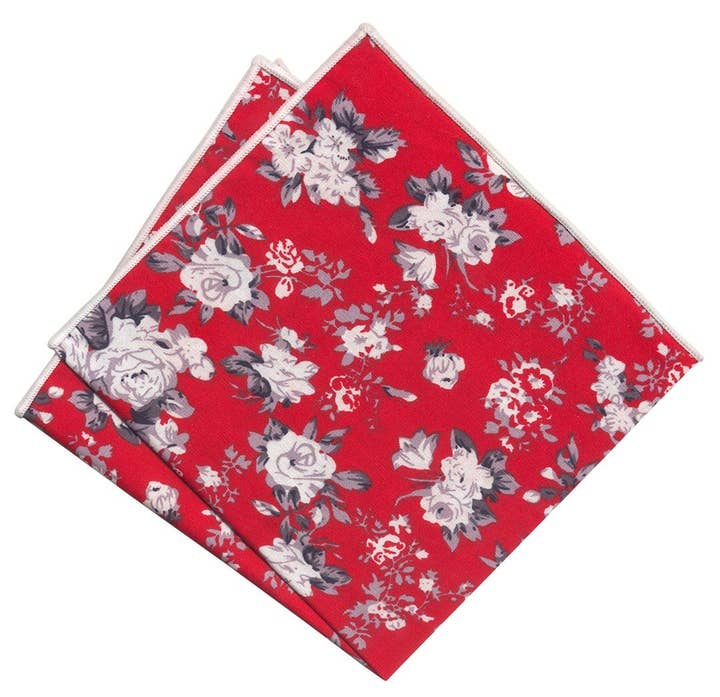 Josvil - Wholesale Handkerchief - Men's - RED COTTON POCKET HANDKERCHIEF WHITE FLOWERS