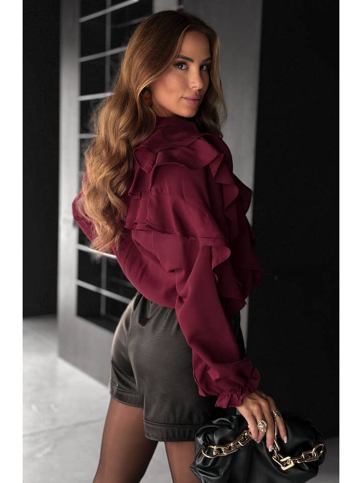 Wine Whitney Ruffle Layered Shirt Blouse-Wine for wholesale on Faire1