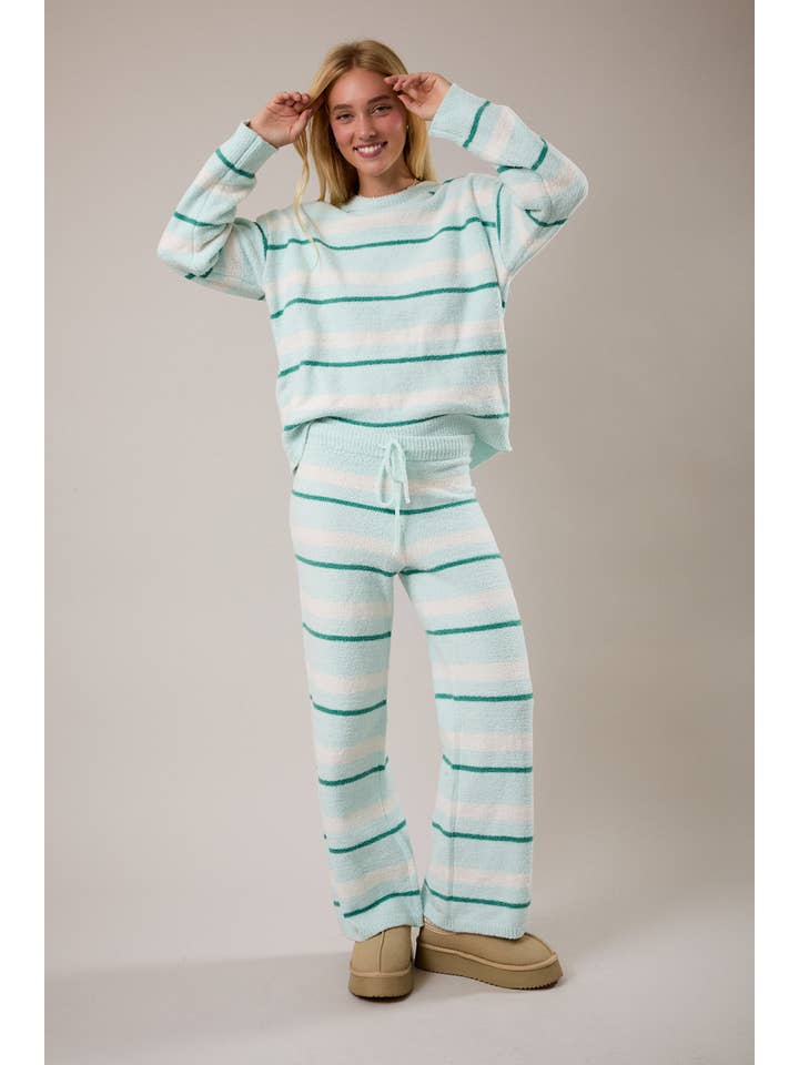 LE LIS - Vente Ensemble de vêtements d'intérieur – femme - Haut en tricot à rayures à manches longues avec pantalon en tricot à jambes larges