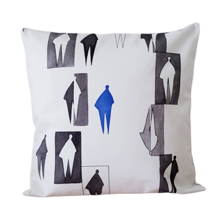 Moderne sort og blå silhuet mønster pude for engroshandel hos Les P'tits Coussins