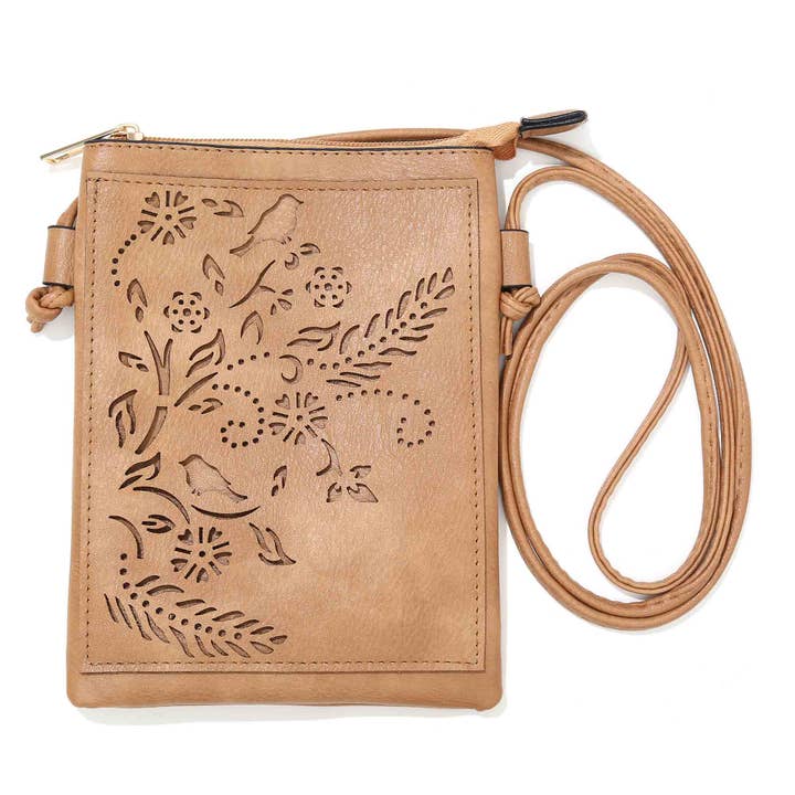 Shine Mark Accessories – wholesale Crossbody bag – Women's – Beige - Birds and Flower Lacer Cut Crossbody cellphone bag