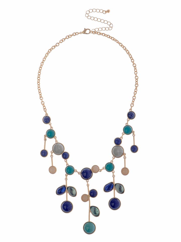 Semi Matt Gold Necklace With Blue Tone Stones Petal Drop for wholesale by Oceanic Jewellers - Majique London