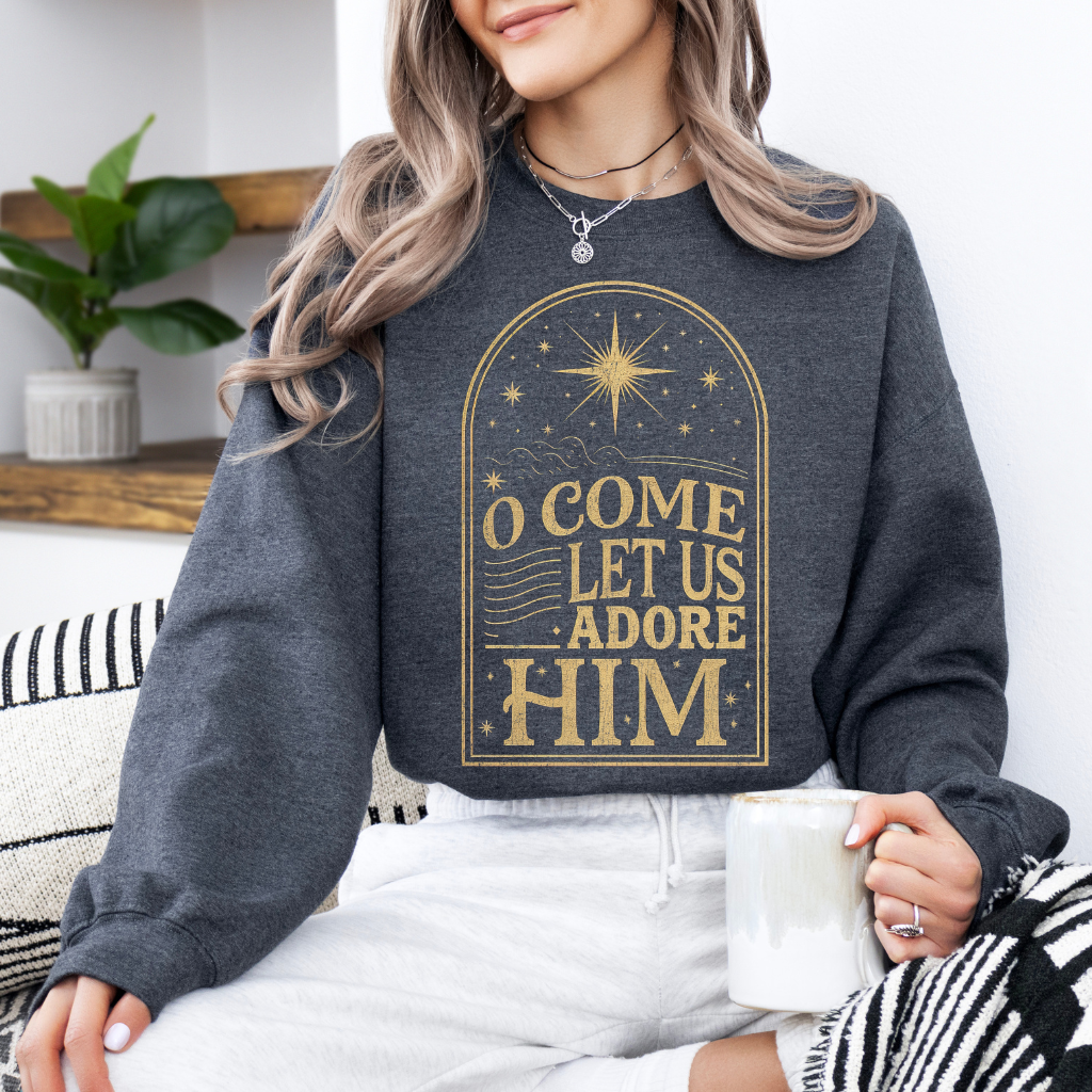 Mørkegrå Kom lad os tilbede ham sweatshirt | Juletrøje for engroshandel på Faire1