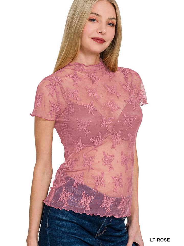 42POPS - Wholesale Knit Top - Women's - ,...SI-25281 Lace See Through Layering Short Sleeve Top
