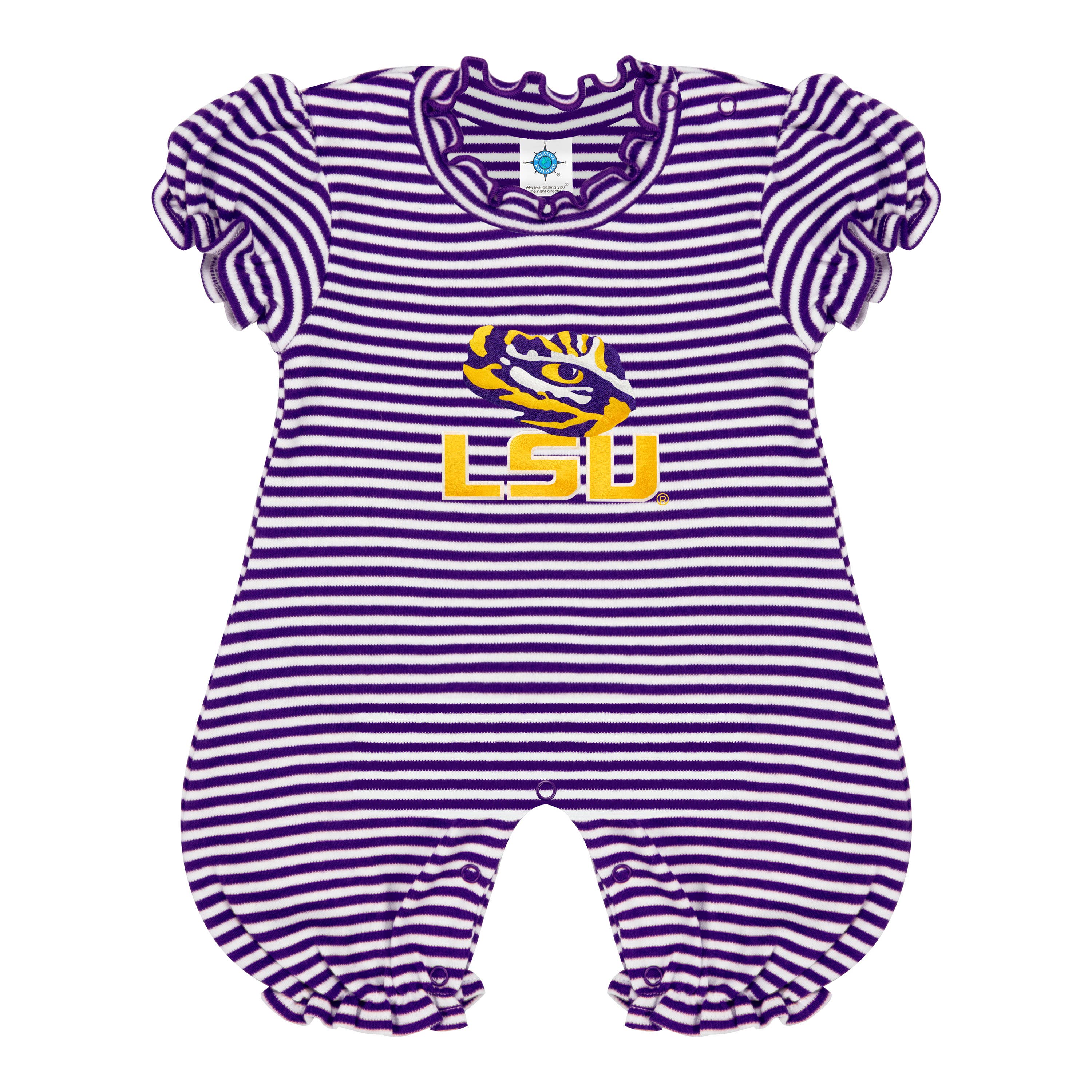 Creative Knitwear - Wholesale Romper - Kids - LSU Tigers Striped Infant Puff Sleeve Romper0