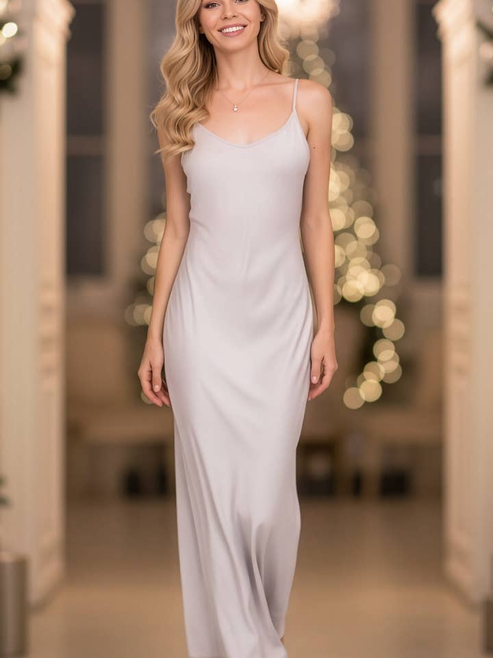 Angelina Nightgown - Grey Lux Rayon Sateen for wholesale by Everyday Ritual