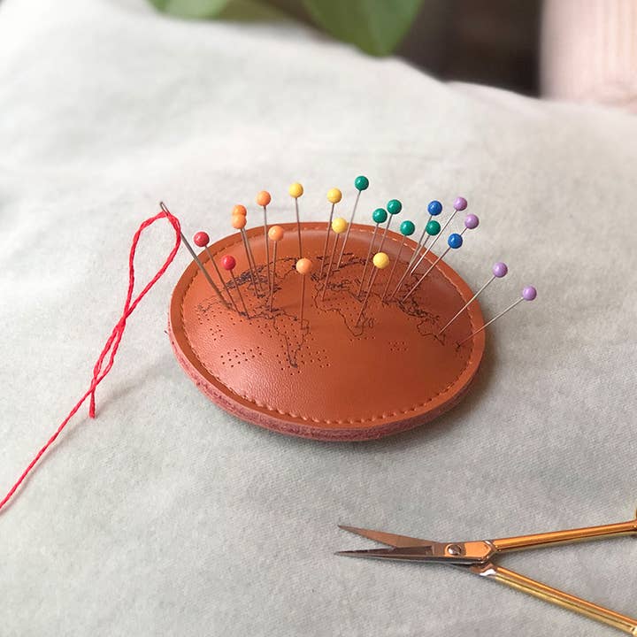 Pin (The World) Cushion - Brown Leather for wholesale by Chasing Threads