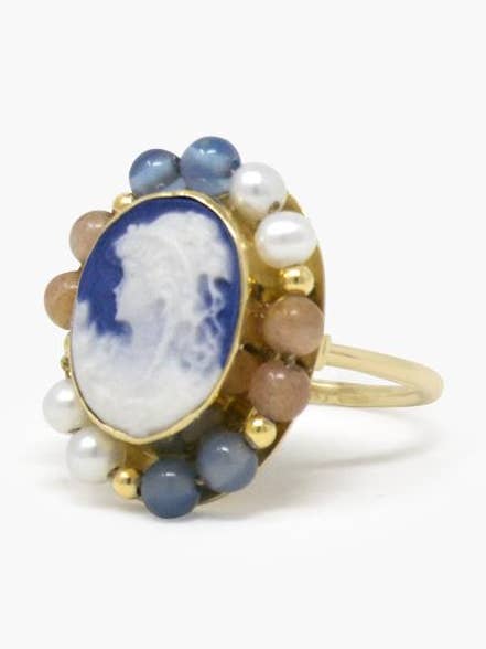 18K Gold Blue Cameo Ring - Accented with Pink Labradorite for wholesale by Vintouch Jewels