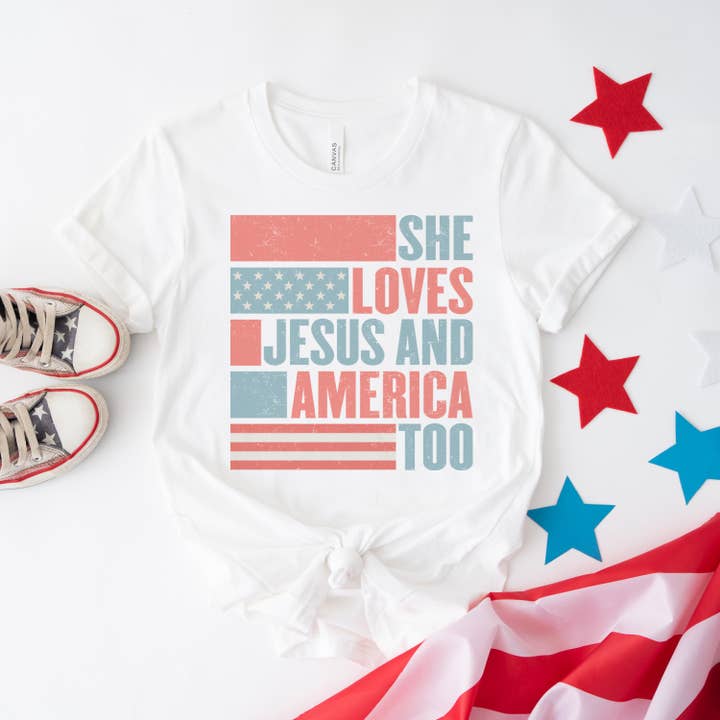 Par.tees by Party On! - Wholesale Screen Printed T-Shirt - Women's - She Loves Jesus and America Too USA Graphic Tee