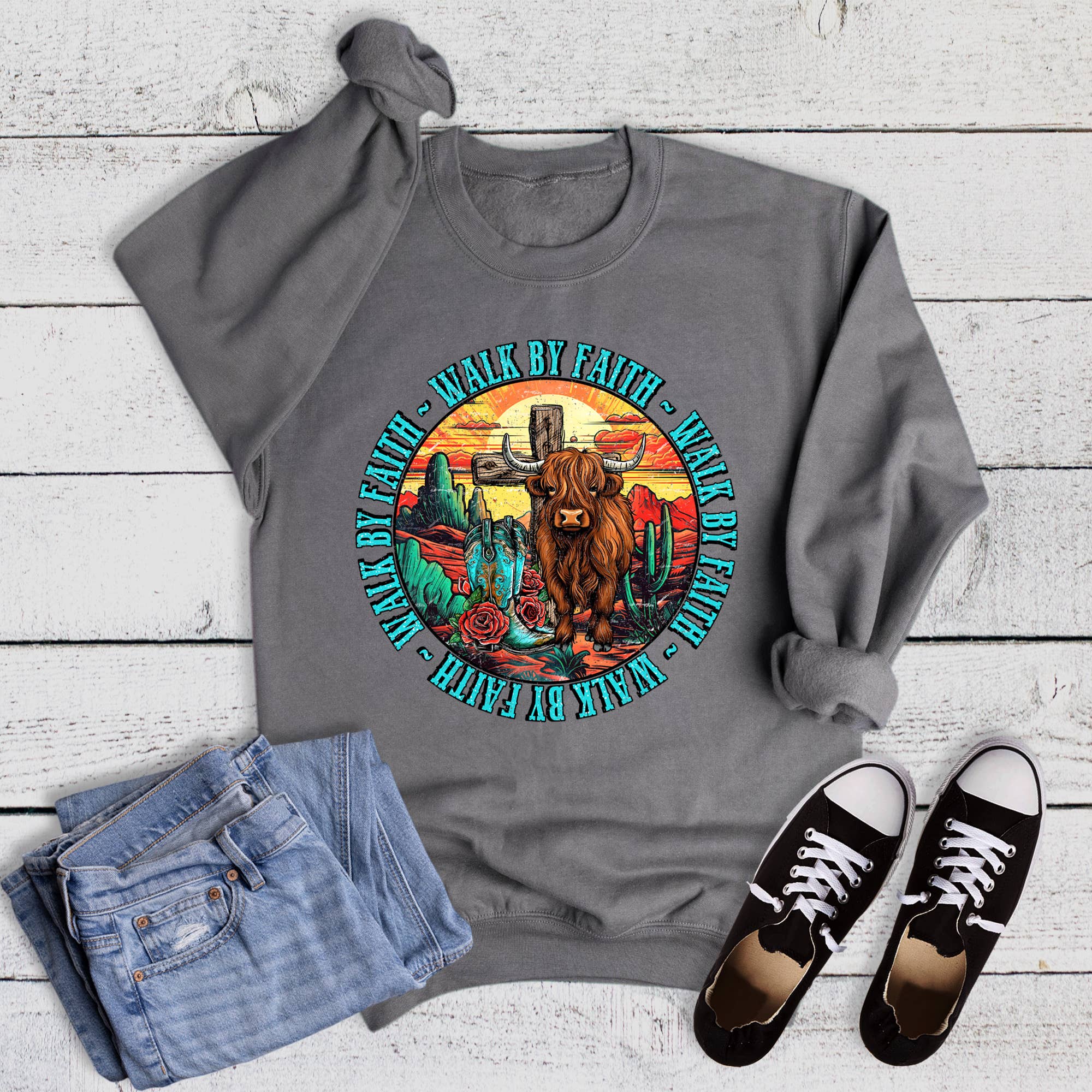 Charcoal Western Walk By Faith Highland Cow Sweatshirt for wholesale on Faire0