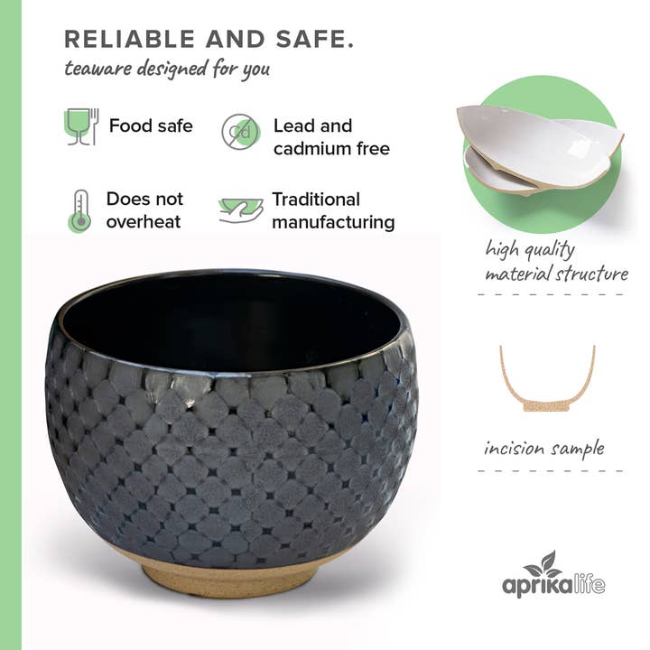 Aprikalife - Wholesale Bowl - Handmade Japanese Gray Matcha Tea Bowl with Black Pattern