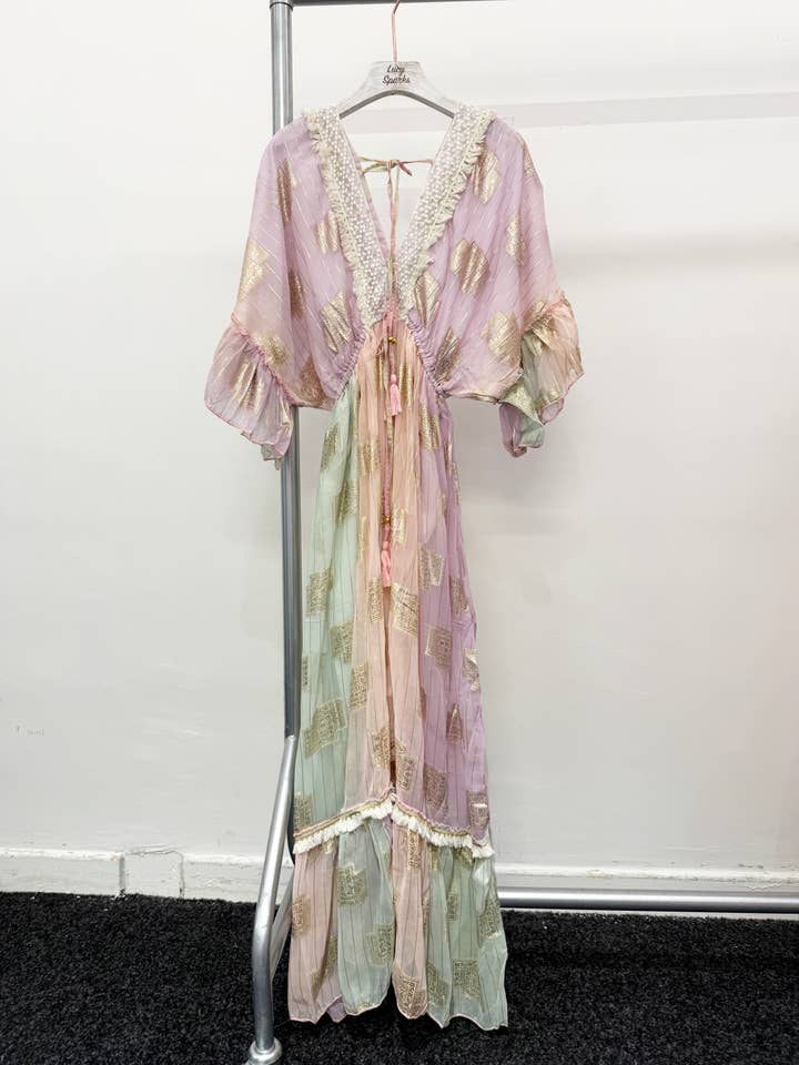Lucy Sparks - Wholesale Dress - Women's - GOLDEN FOIL PRINT AND STRIPES FLARED MAXI DRESSÂ