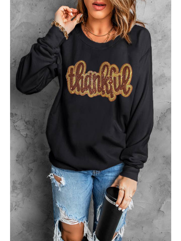 Black LDC Glittering thankful Graphic Drop Shoulder Sweatshirt for wholesale on Faire