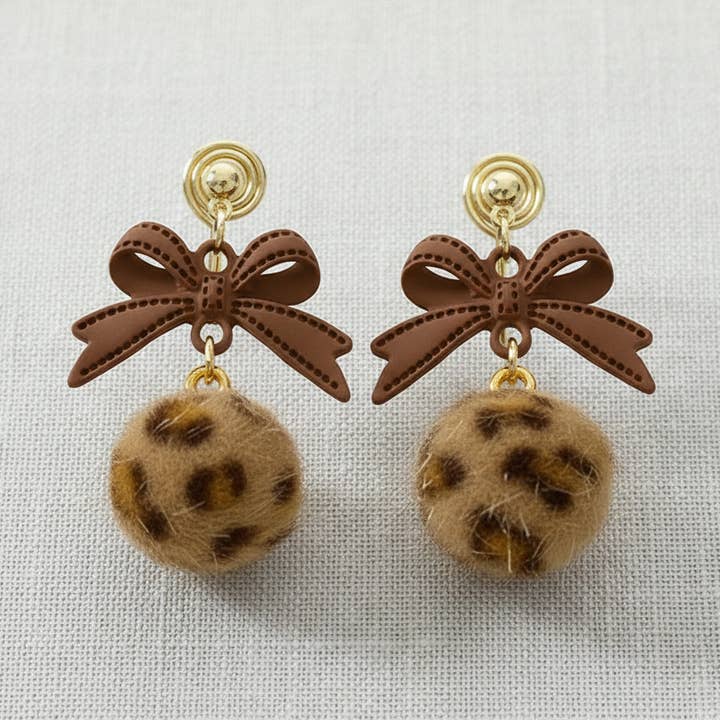 Bow Knot Fur Ball Leopard Earrings for wholesale by scentll jewelry