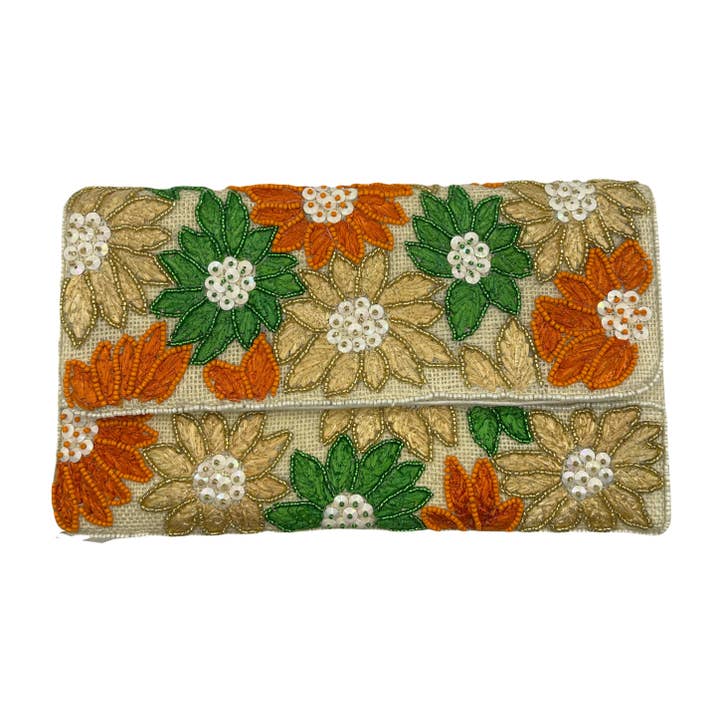 GROENE & ORANJE RAFFIA KRAALTJES CLUTCH voor wholesale door Pizzazz, Inc.