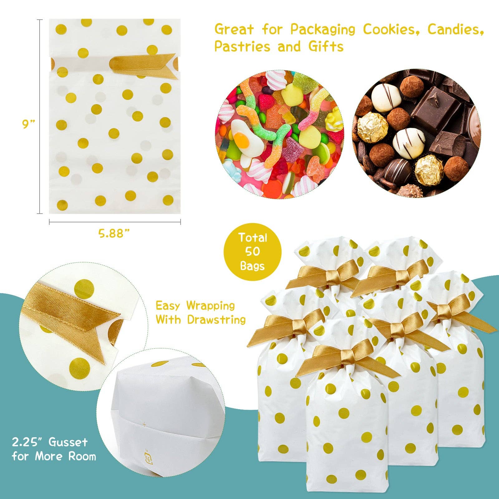 Wrapables.com - Wholesale Party Favor Bag/Box - Wrapables Gold Dots Drawstring Treat Bags (50pcs)1