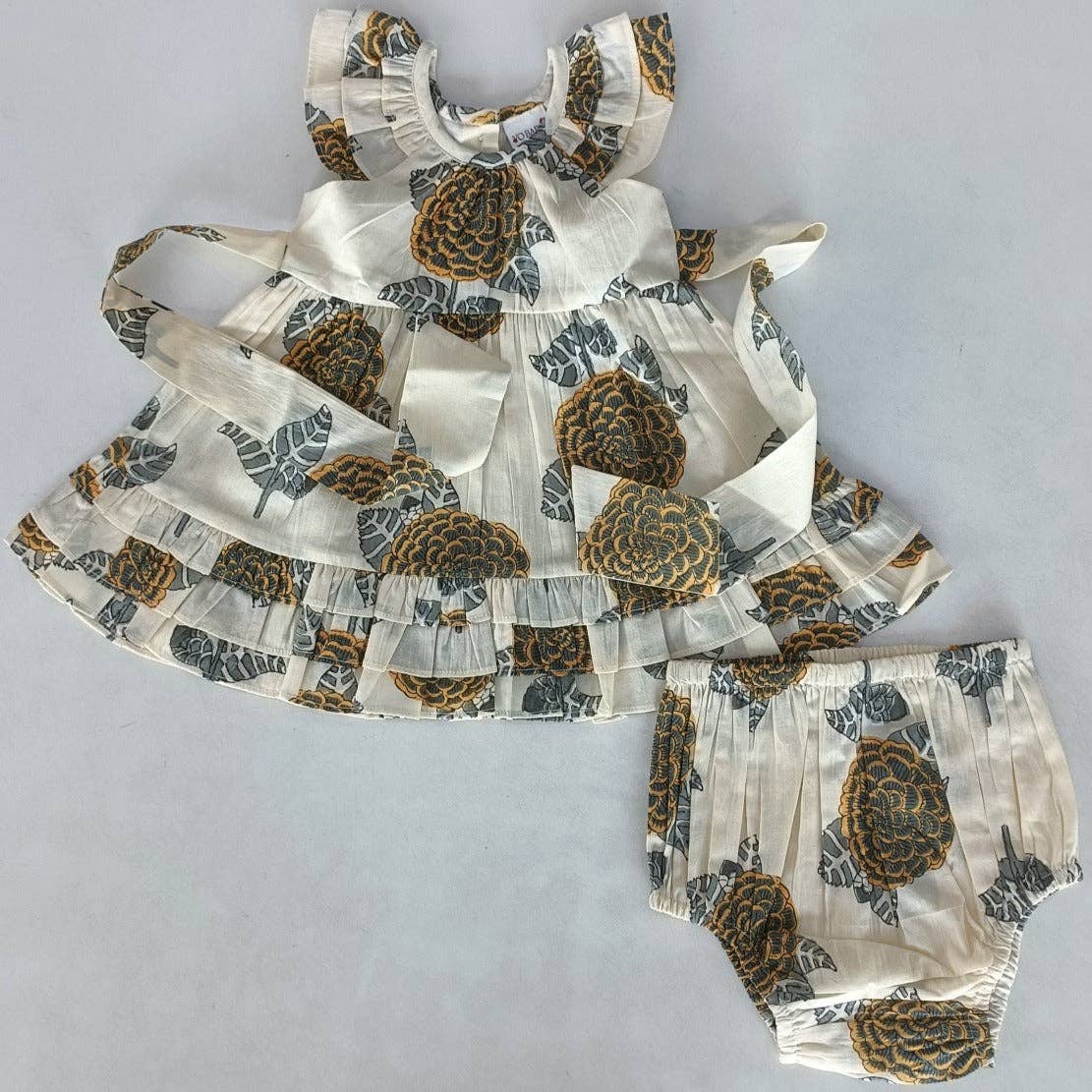 Yo Baby – wholesale Dress – Kids – Mustard & Grey Floral Print Sleeve & Bottom Ruffled Gathered Dress8