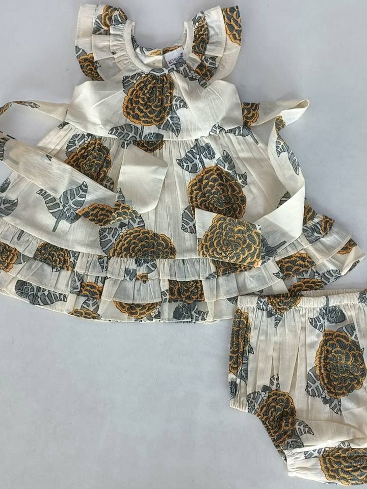 Yo Baby – wholesale Dress – Kids – Mustard & Grey Floral Print Sleeve & Bottom Ruffled Gathered Dress8