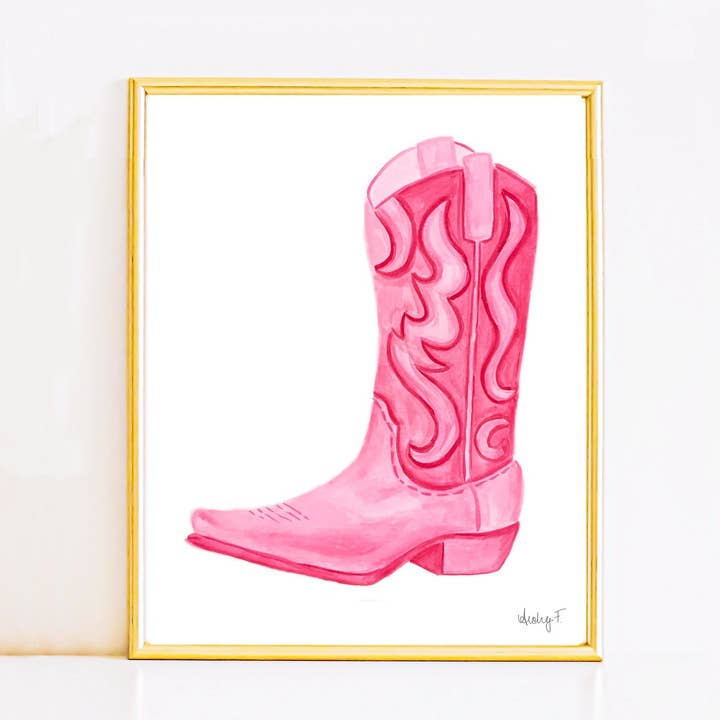 Print | Hot Pink Cowboy Boot Watercolor | Coastal Cowgirl Southern Rustic Western Colorful Fun Dorm Room Poster Decor TS7 for wholesale by Shop Art by Audrey