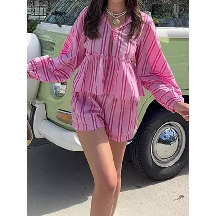 TIE CENTER LONG SLEEVE TOP AND SHORTS SET for wholesale by Mapcie