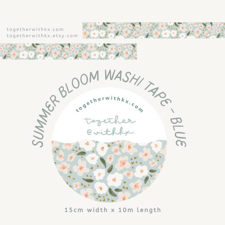 Summer Bloom - Ruban Washi bleu 15 mm pour la vente par togetherwithkx
