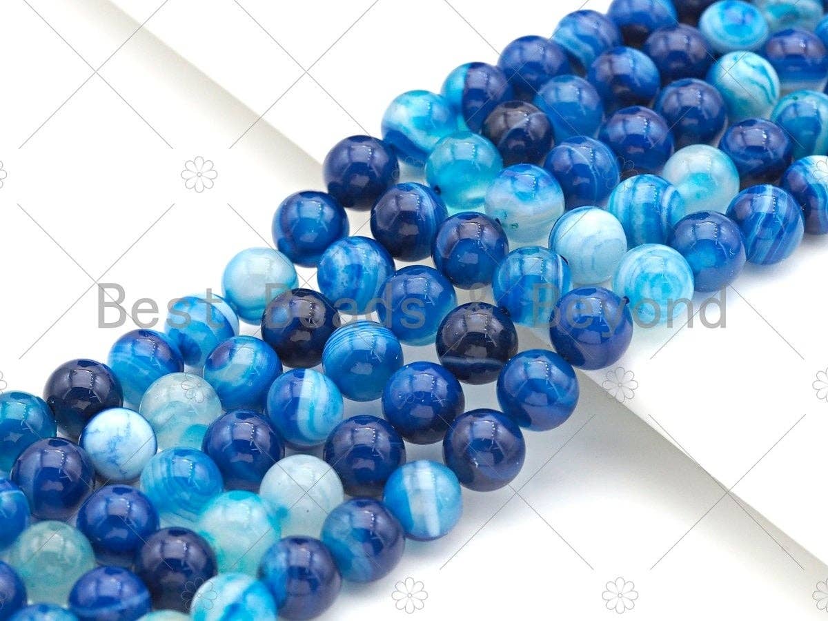 BestBeads&Beyond – wholesale Pärlor – Hög kvalitet Blå Banded Agate runda släta pärlor, 6mm/8mm/10mm/12mm Agat, Naturliga Blå Agate pärlor, 15.5"Full Strand, sku #UA1160