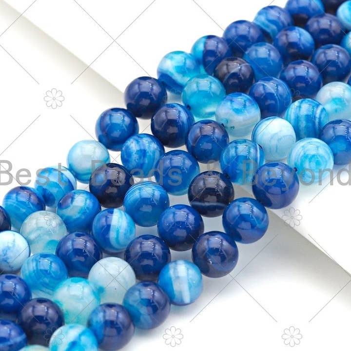 High Quality Blue Banded Agate Round Smooth Beads, 6mm/8mm/10mm/12mm Agate, Natural Blue Agate Beads, 15.5"Full Strand, sku#UA116 for wholesale by BestBeads&Beyond