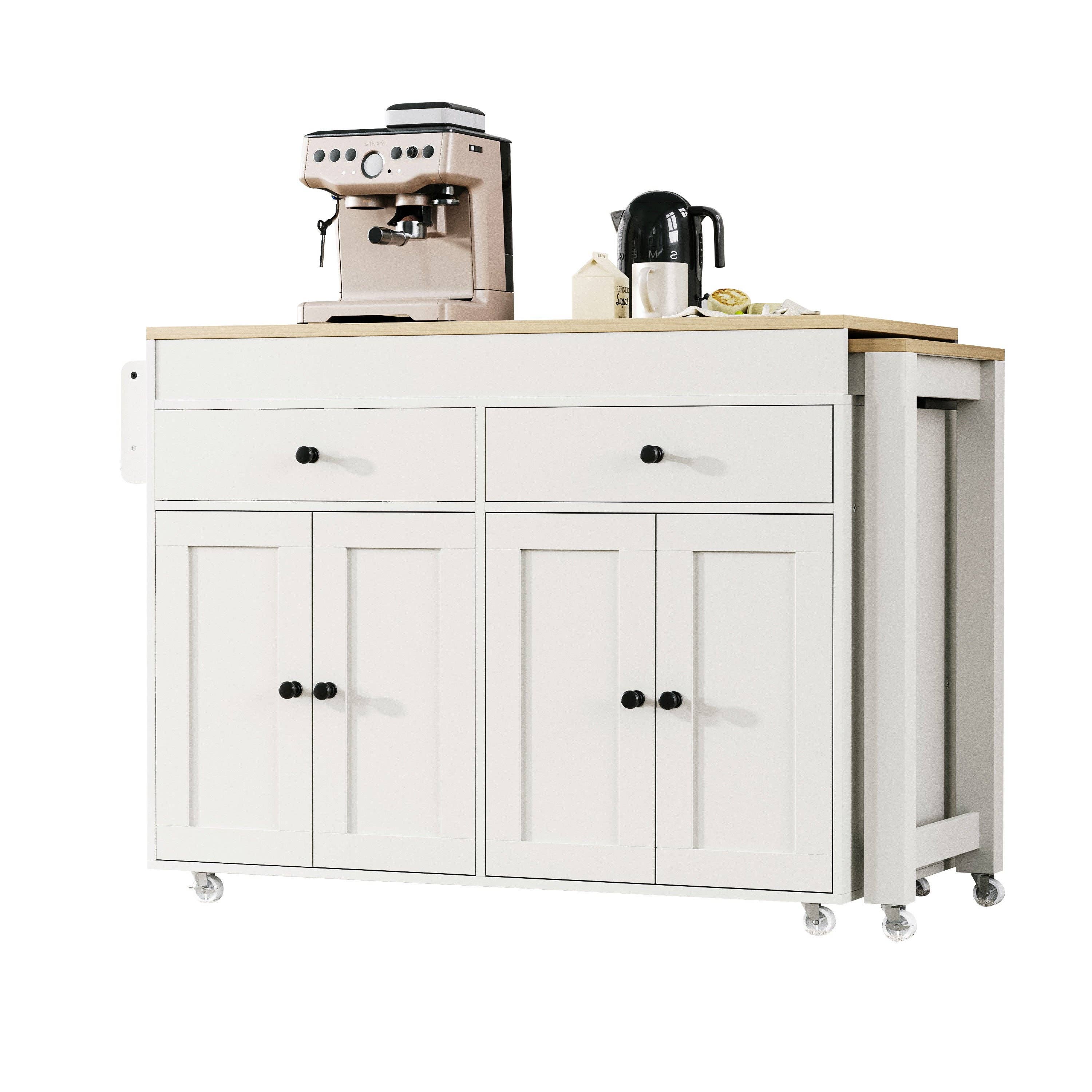 HOMYCASA DESIGN INC - Wholesale Kitchen Storage/Organizer - K&K 74.5 inch Kitchen Island with Extendable Dining Table , Rolling Kitchen Island on Wheels with Spice Rack and 2 Drawers,  Kitchen Storage Cart with 4 Door Cabinet, for Kitchen, Dining Room, White13