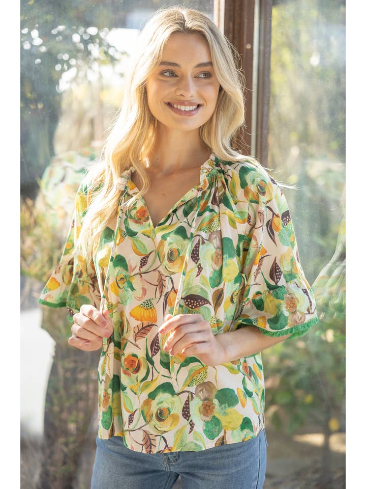 Green 35203 Fringe Detailed Loose Sleeve Floral Print Top for wholesale on Faire3