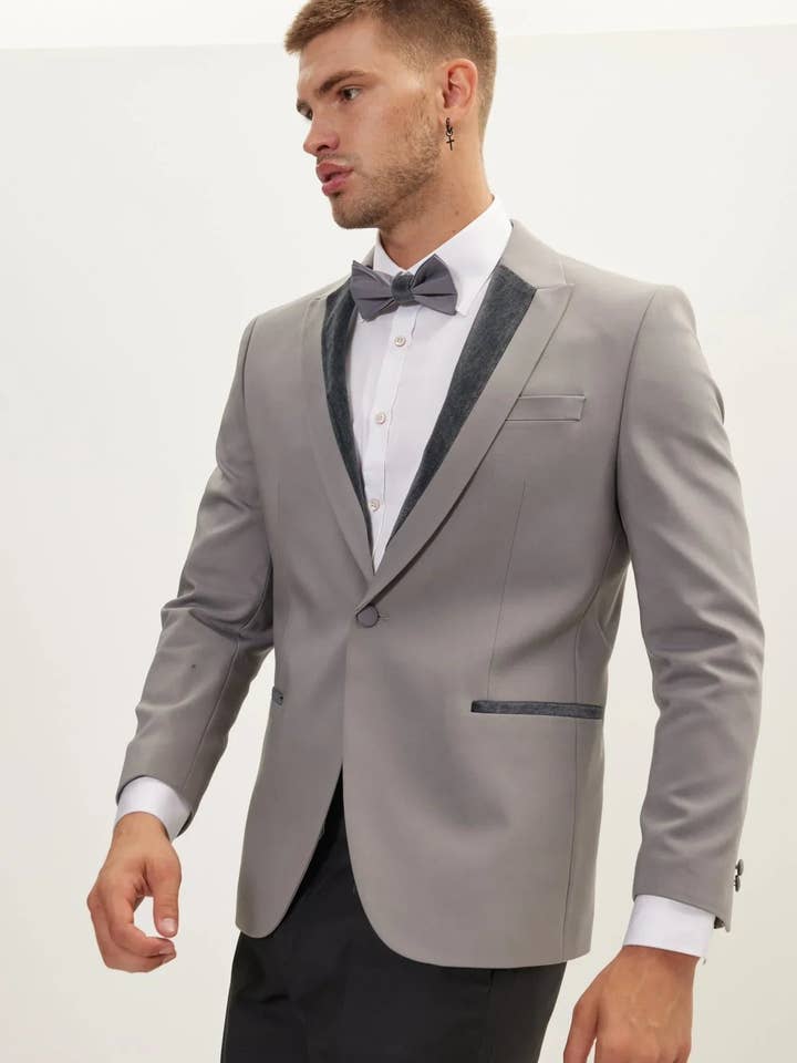 Men's Velvet Detail Peak Lapel Tuxedo Jacket - Grey for wholesale by Ron Tomson