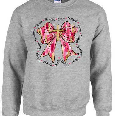 Valentine's Day Worthy Loved Blessed Cross Bow Sweatshirt - Adult for wholesale by Allison Kay Designs Co.