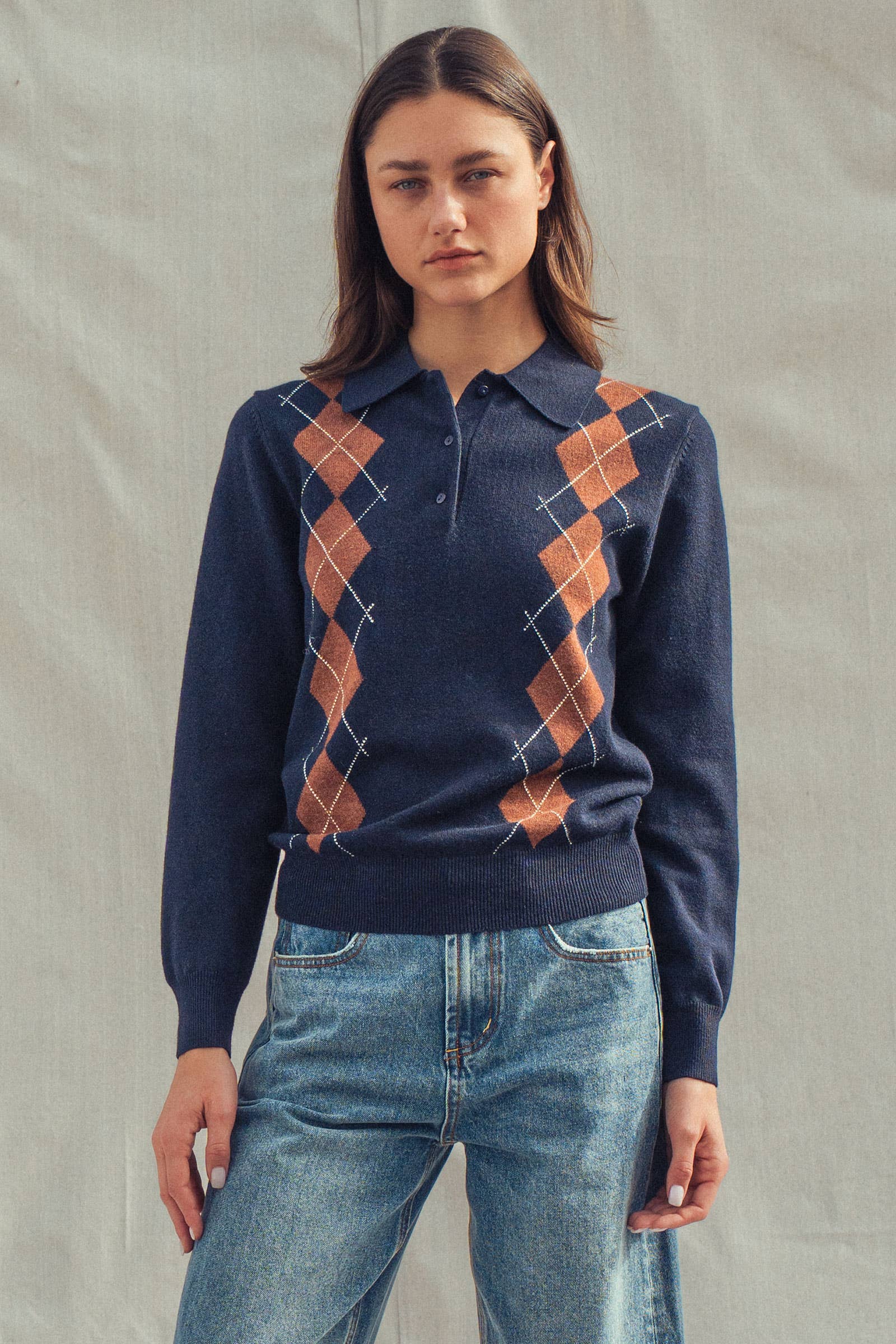 Urban Daizy - Vente Pull en maille – femme - Pull Polo Tricoté à Motif Argyle Classique15