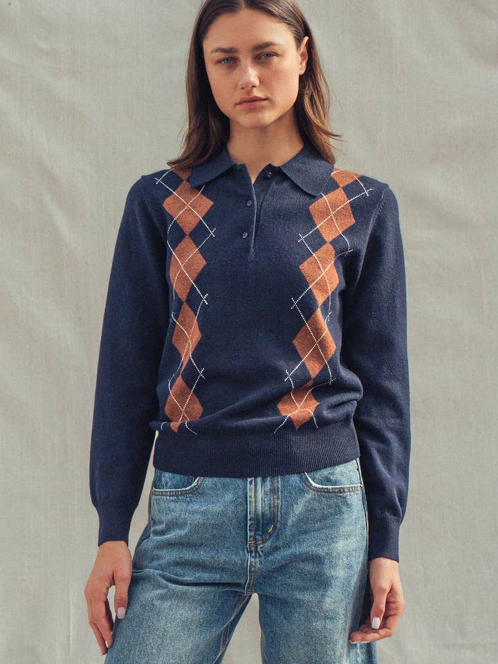 Urban Daizy - Vente Pull en maille – femme - Pull Polo Tricoté à Motif Argyle Classique15