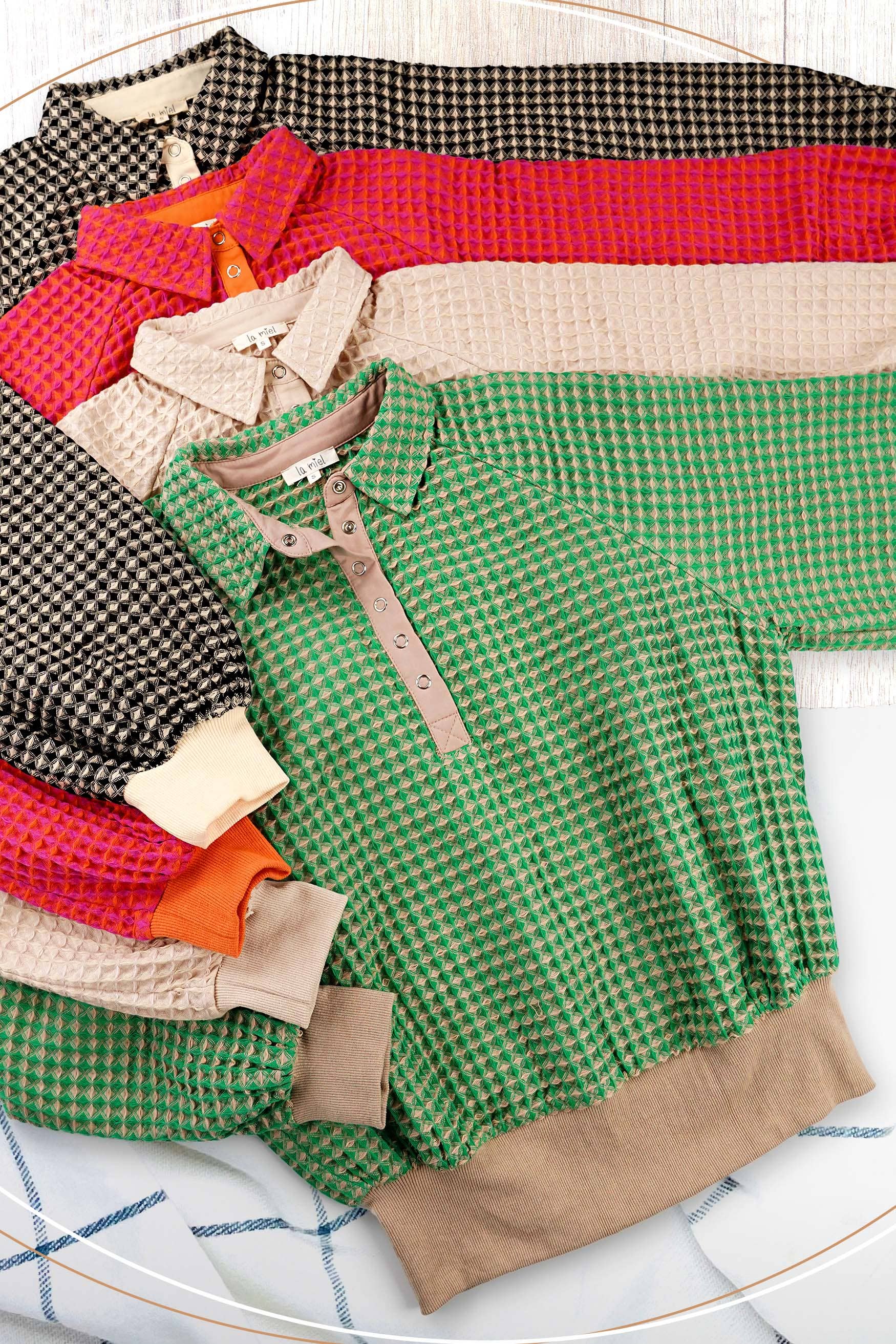 La Miel - Wholesale Sweatshirt - Women's - HCS3576-Unique Two Tone Textured Snap Button Front Top14