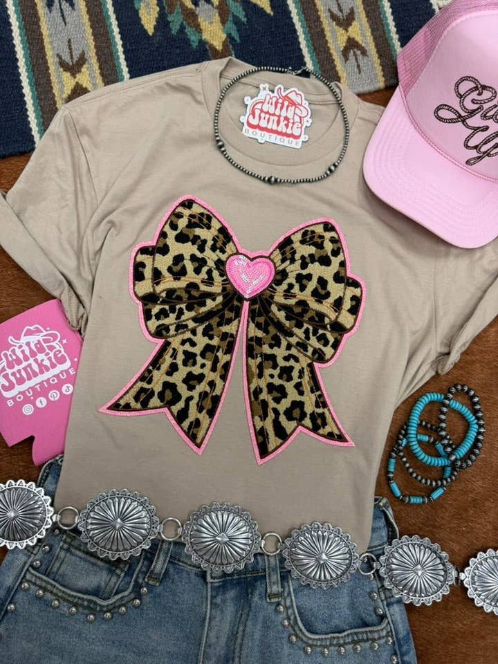 Pink Heart Leopard Sequin Bow Patch Tee for wholesale by Wild Junkie