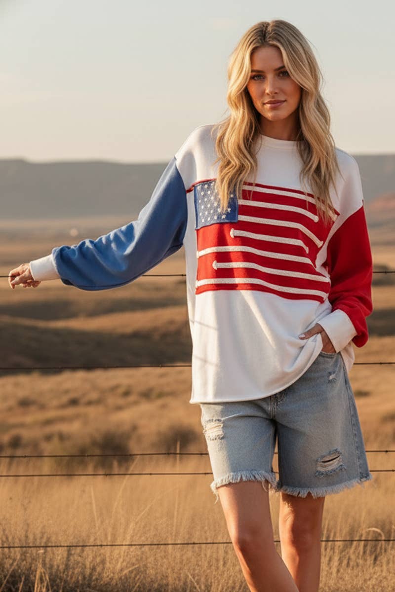 HVID/RØD/BLÅ 4. JULI FRENCH TERRY AMERIKANSK FLAG SWEATSHIRT for engroshandel på Faire1