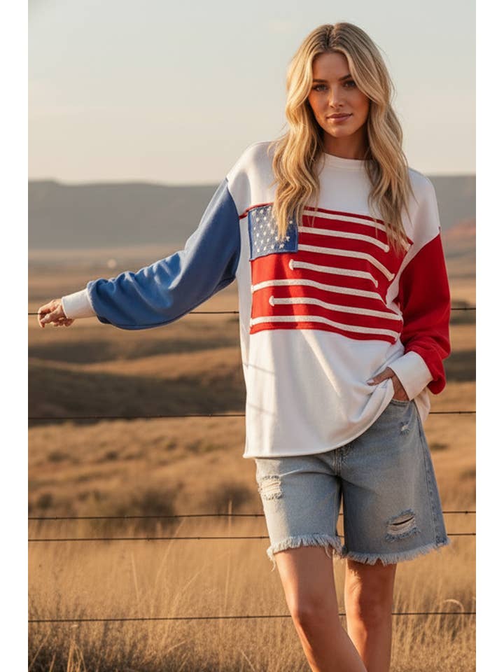 WEISS/ROT/BLAU 4. JULI FRENCH TERRY AMERIKANISCHE FLAGGE SWEATSHIRT für den Großhandel auf Faire1