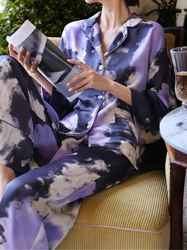 Purple Satin Cloud Print Pajama Set for wholesale on Faire1