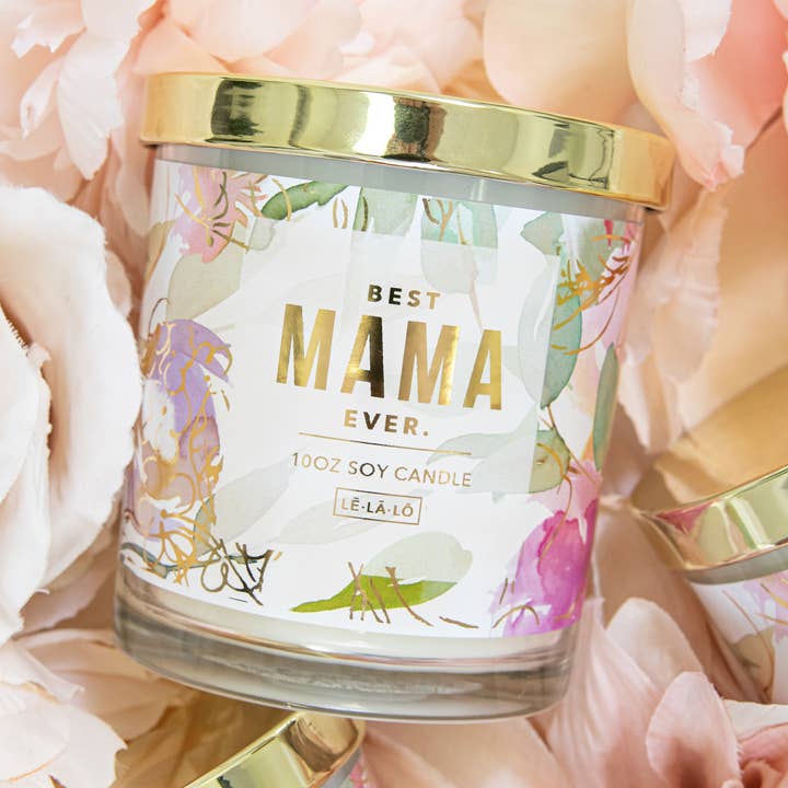 Vela de cristal con tapa dorada, diseño floral Best Mama Ever para venta al por mayor de LĒ·LĀ·LŌ