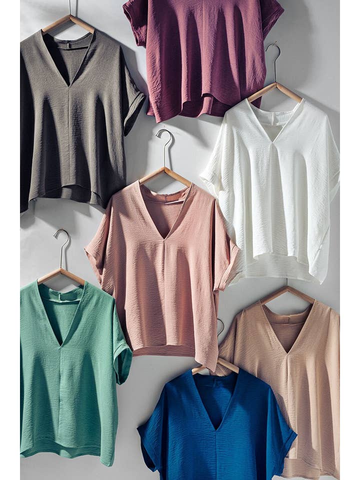 Urban Daizy - Wholesale Blouse - Women's - Relaxed V-Neck Top with Folded Sleeves