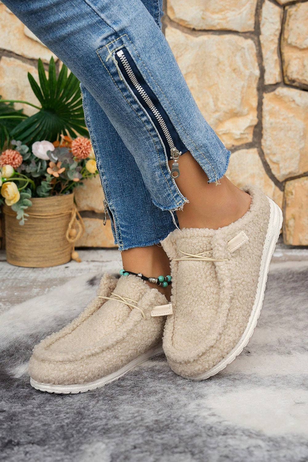 White Lace Up Detail Slip On Sherpa Shoes for wholesale on Faire2