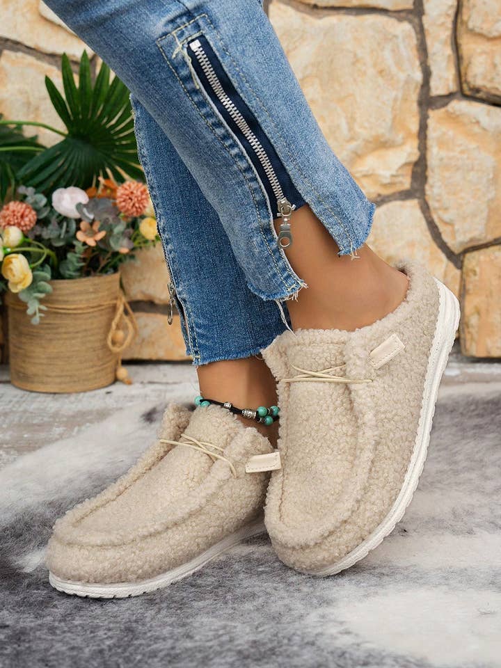 White Lace Up Detail Slip On Sherpa Shoes for wholesale on Faire2